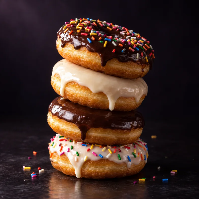 Cuatro donas apiladas: chocolate, vainilla, chocolate con chispas y vainilla con chispas